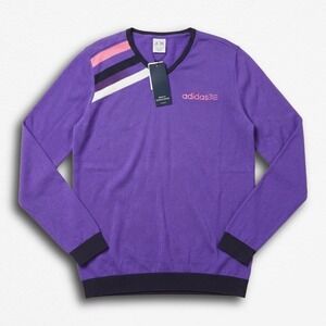 Adidas Womens V-Neck Sweater Purple Y2K Cotton Knit Stripe Pullover NWT Size M